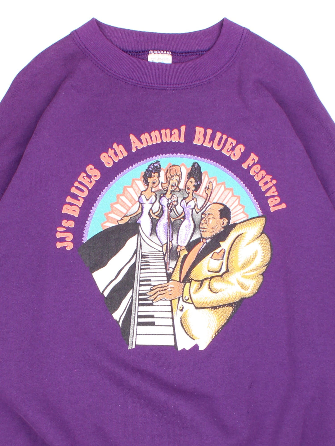 Vintage 1994 JJ's Blues Festival Sweatshirt in a purple colourway with blues band graphic on the front and the spell out / performing artist list printed on the back.