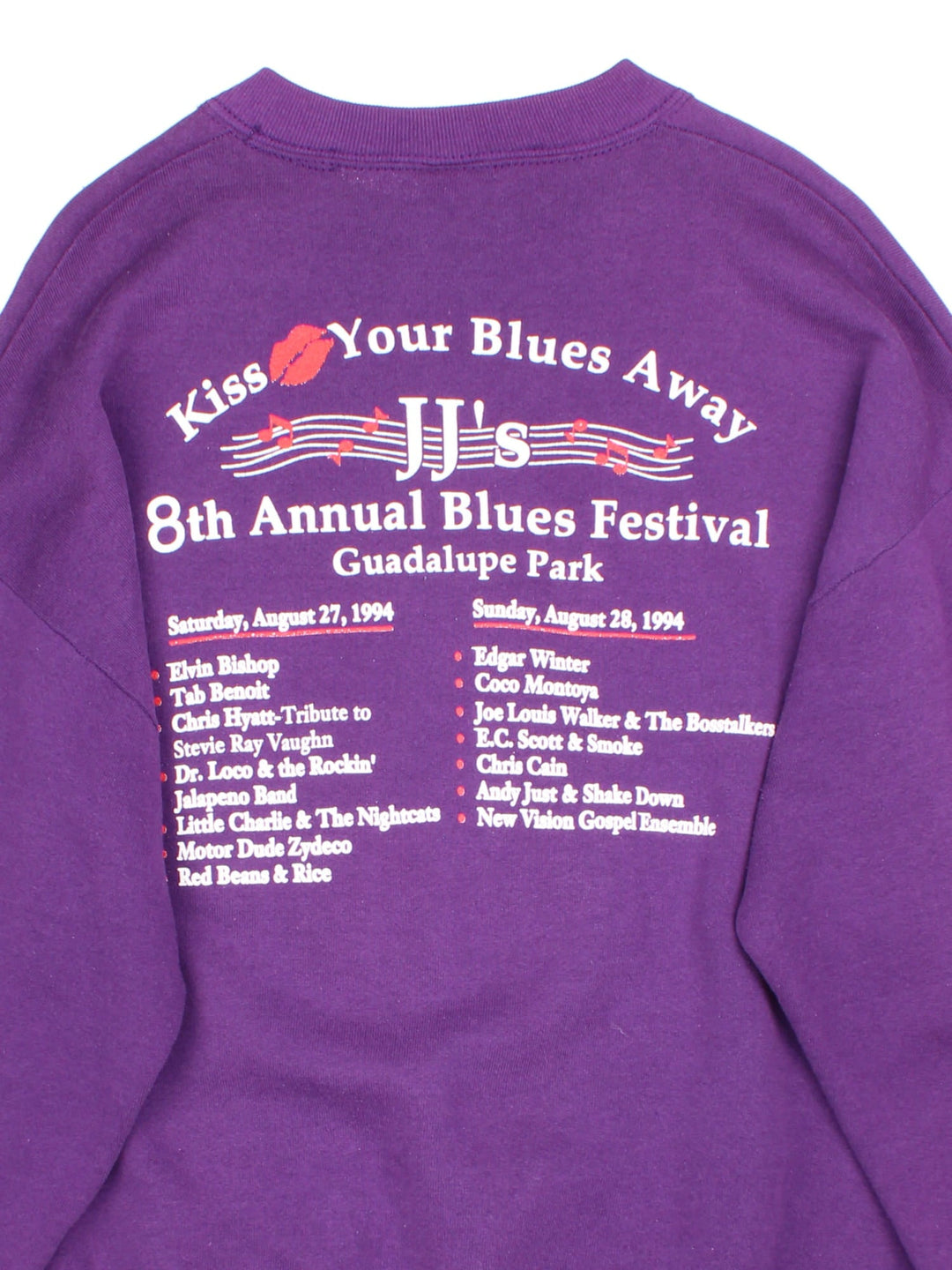 Vintage 1994 JJ's Blues Festival Sweatshirt in a purple colourway with blues band graphic on the front and the spell out / performing artist list printed on the back.