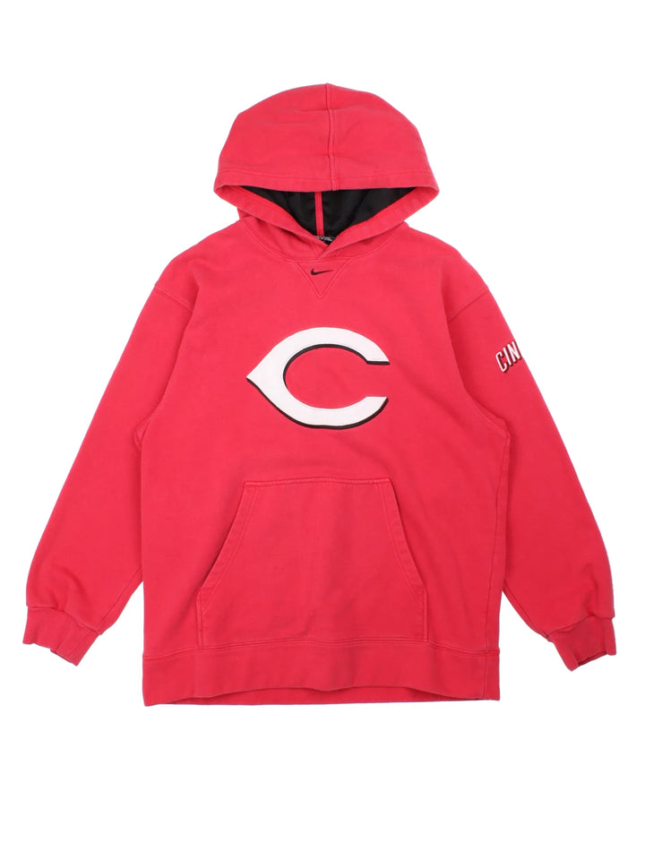 Vintage Nike Cincinnati Reds MLB Hoodie in a red colourway with the team logo and Nike swoosh embroidered on front.
