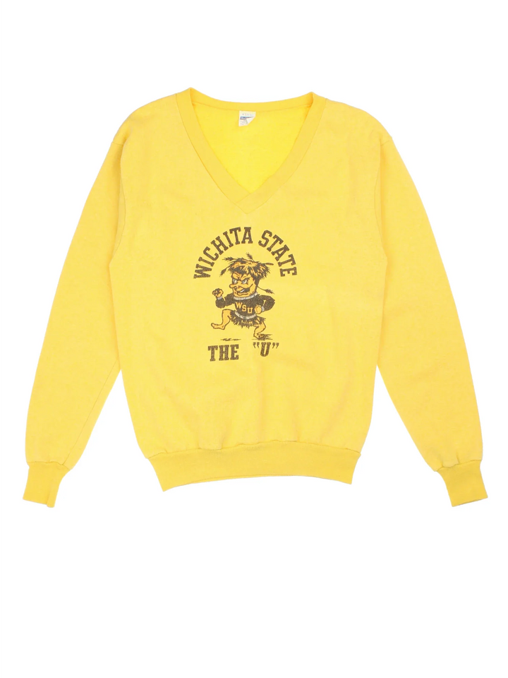 Vintage 60's Wichita State University Sweatshirt in a yellow colourway, v neck collar with the logo and graphic printed on the front.