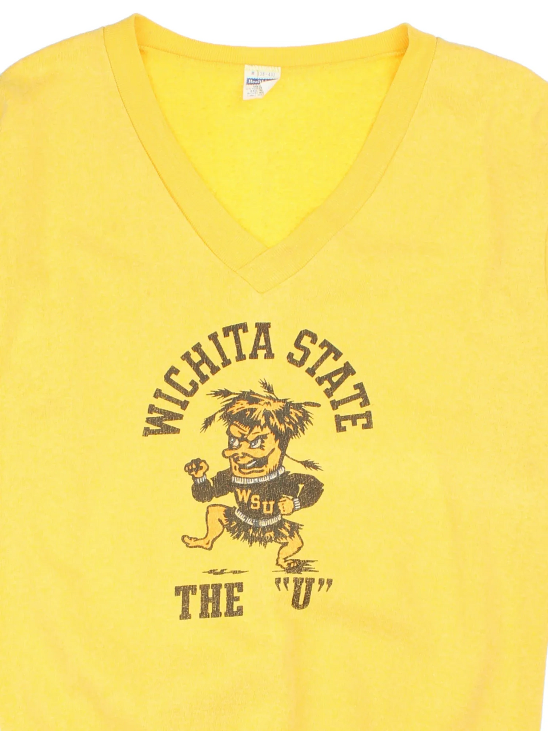 Vintage 60's Wichita State University Sweatshirt in a yellow colourway, v neck collar with the logo and graphic printed on the front.