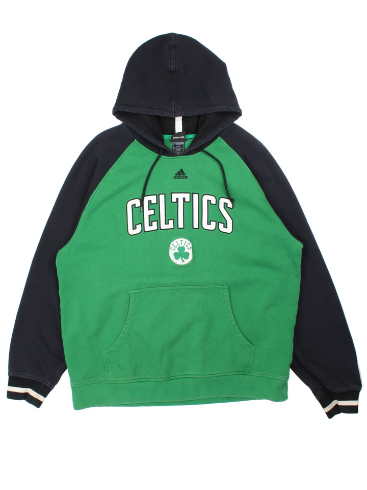 Adidas Boston Celtics NBA Hoodie in a green and black colourway with the team logo and spell out embroidered on the front.