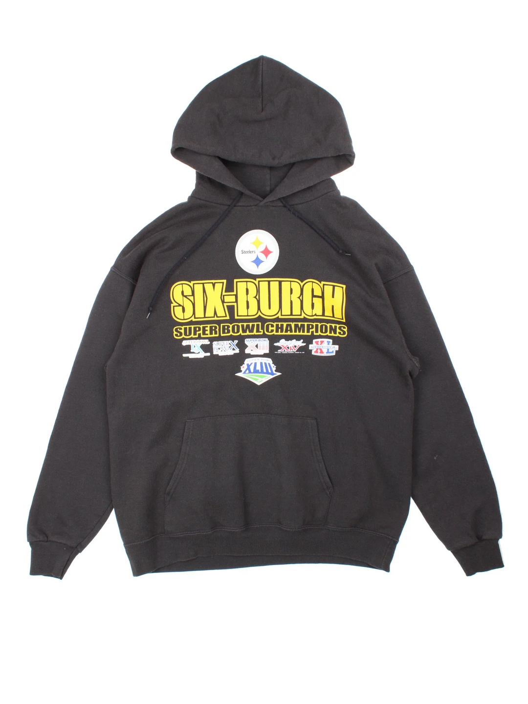 Pittsburgh Steelers NFL Six-Burgh Super Bowl Champions Hoodie in a black colourway with the team logo and spell out printed on the front.