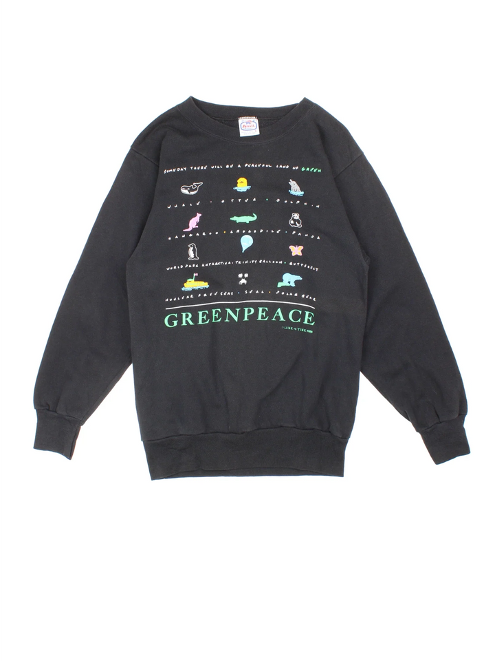 Vintage 1988 Greenpeace Graphic Sweatshirt in a black colourway with animals graphic and spell out printed on the front.