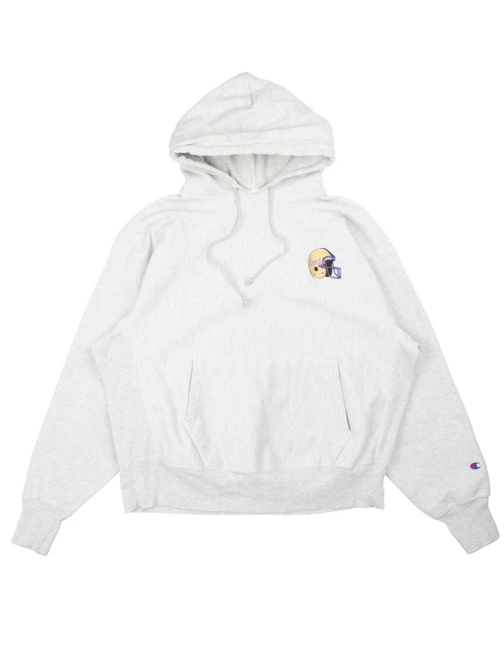 Vintage Champion Cavs College Football Hoodie in a grey colourway with the logo embroidered on the front and pirate graphic printed on back.