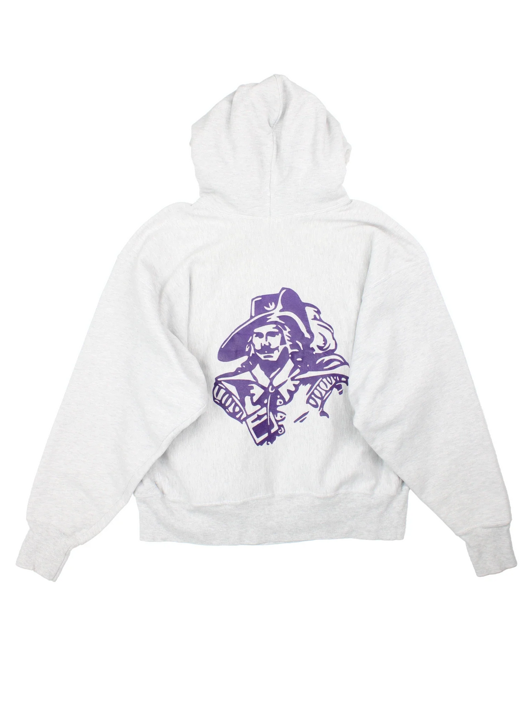 Vintage Champion Cavs College Football Hoodie in a grey colourway with the logo embroidered on the front and pirate graphic printed on back.