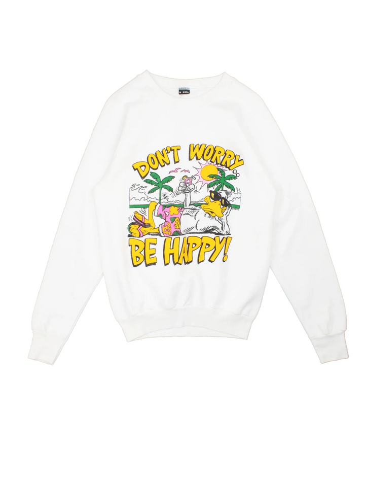 Vintage Don't Worry Be Happy Graphic Sweatshirt in a white colourway with the spell out and duck graphic printed on the front.