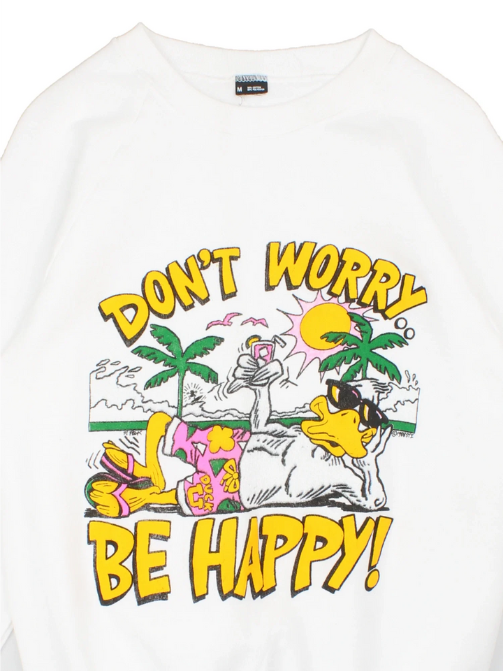 Vintage Don't Worry Be Happy Graphic Sweatshirt in a white colourway with the spell out and duck graphic printed on the front.