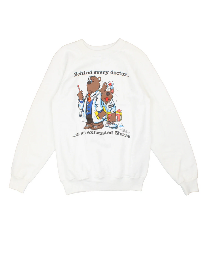 Vintage 1989 Funny Exhausted Nurse Sweatshirt in a white colourway with the spell out and funny bear graphic printed on the front.