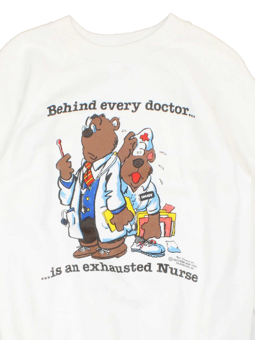 Vintage 1989 Funny Exhausted Nurse Sweatshirt in a white colourway with the spell out and funny bear graphic printed on the front.