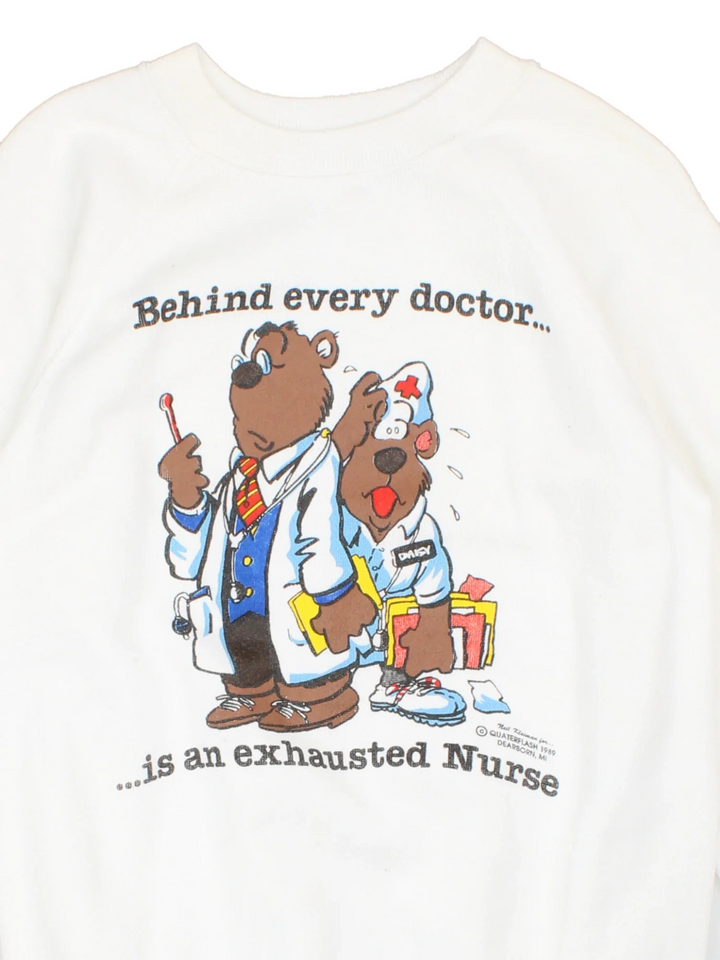 Vintage 1989 Funny Exhausted Nurse Sweatshirt in a white colourway with the spell out and funny bear graphic printed on the front.