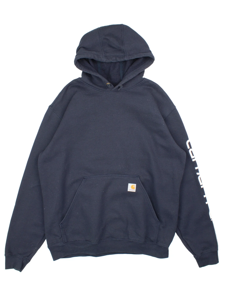Carhartt Hoodie in a blue colourway with the classic logo and large pocket on the front.