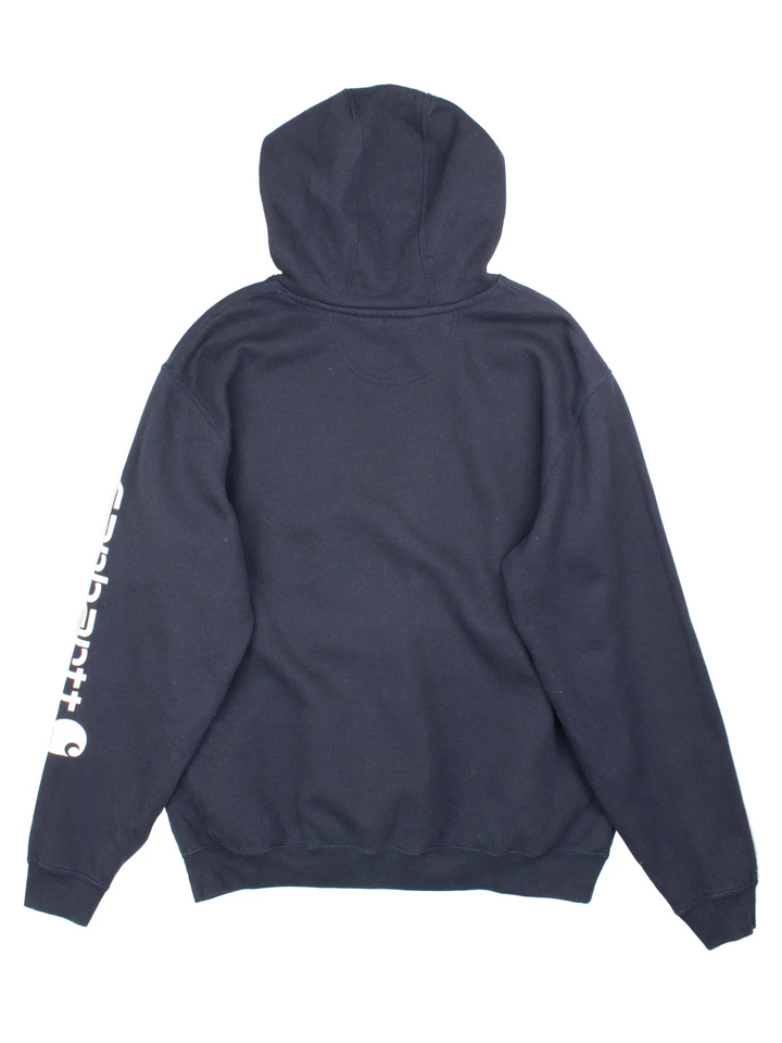 Carhartt Hoodie in a blue colourway with the classic logo and large pocket on the front.