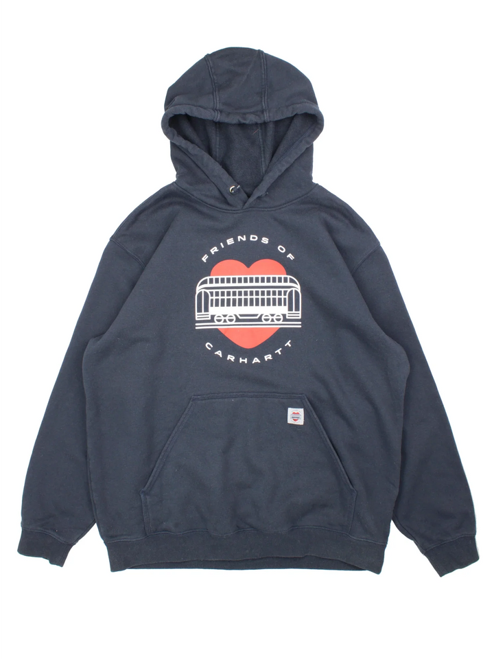 Carhartt Hoodie in a blue colourway with large graphic and pocket on the front.