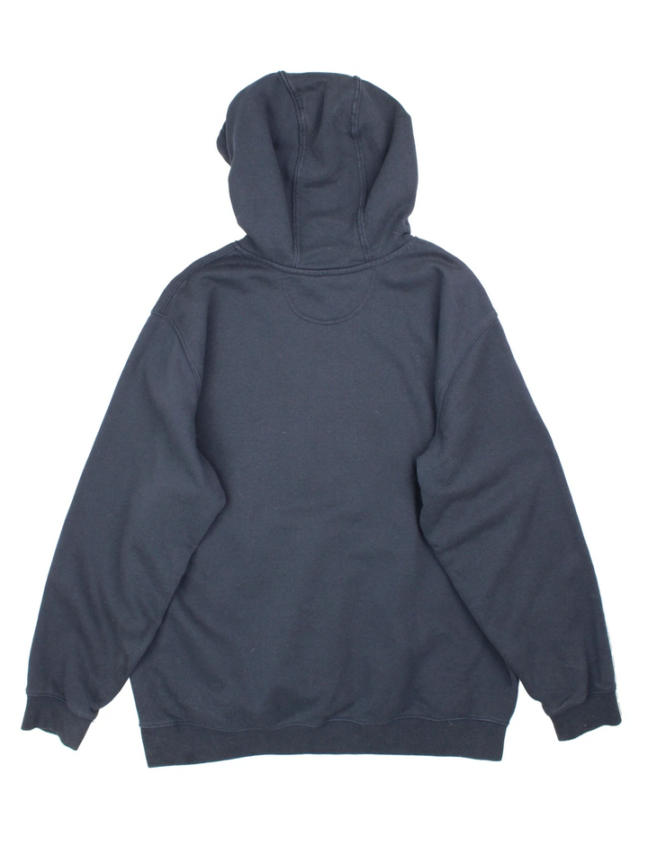 Carhartt Hoodie in a blue colourway with large graphic and pocket on the front.