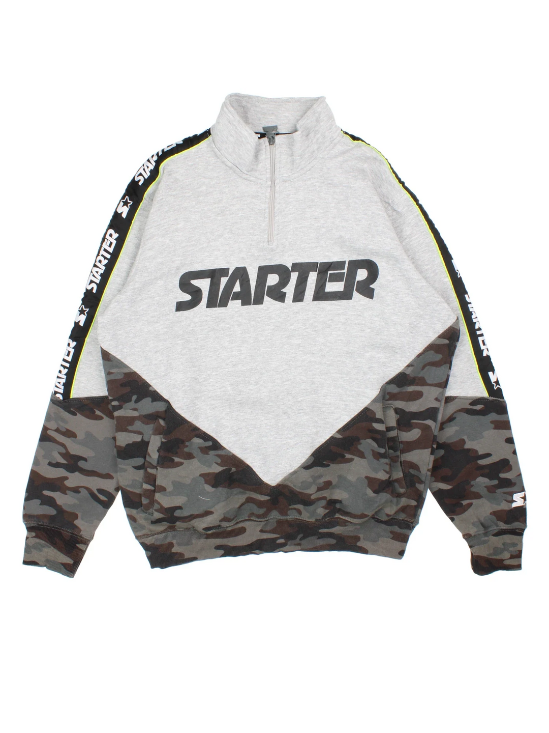 Starter Sweatshirt in a grey colourway with the logo printed on front and camo detailing on the front and arms.Striped logo trim along the shoulder.