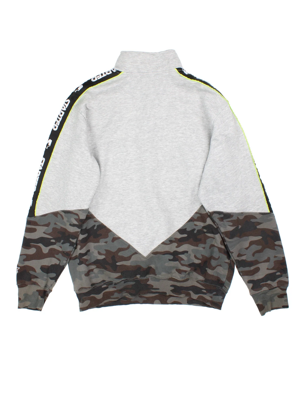 Starter Sweatshirt in a grey colourway with the logo printed on front and camo detailing on the front and arms.Striped logo trim along the shoulder.