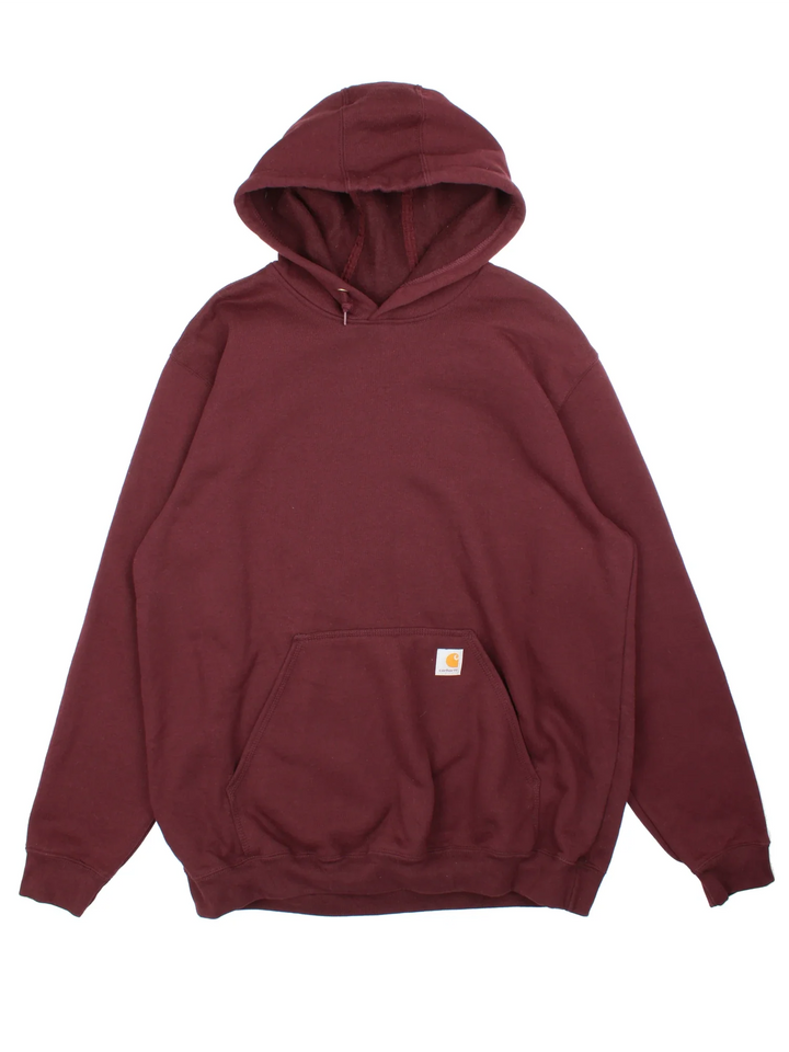 Carhartt Hoodie in a red colourway with the logo printed along the sleeve and on the front.