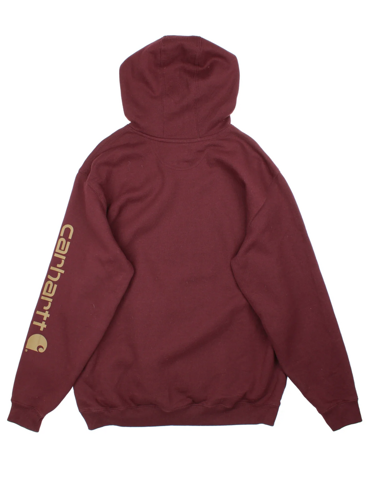 Carhartt Hoodie in a red colourway with the logo printed along the sleeve and on the front.