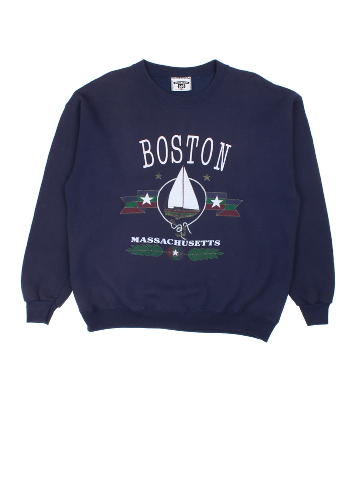 Vintage Boston Sailing Sweatshirt in a blue colourway with spell out and graphic printed across the front.