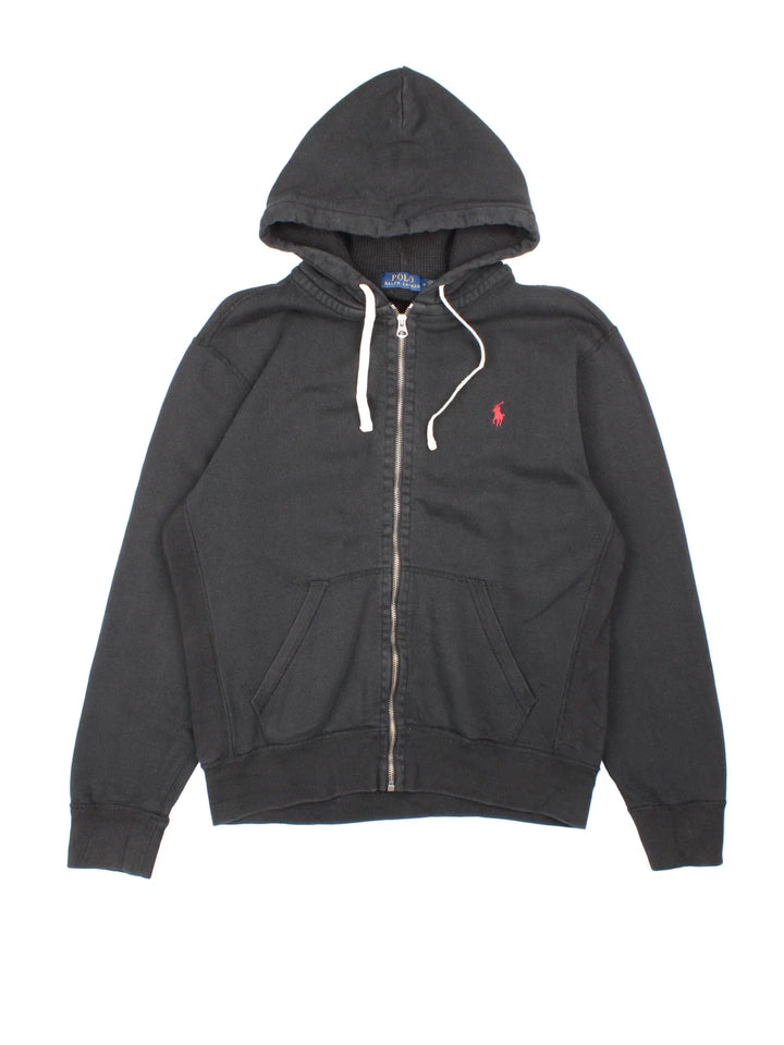 Ralph Lauren Hoodie in a black colourway with small classic logo on the front, full zip, side pockets and drawstring hood.