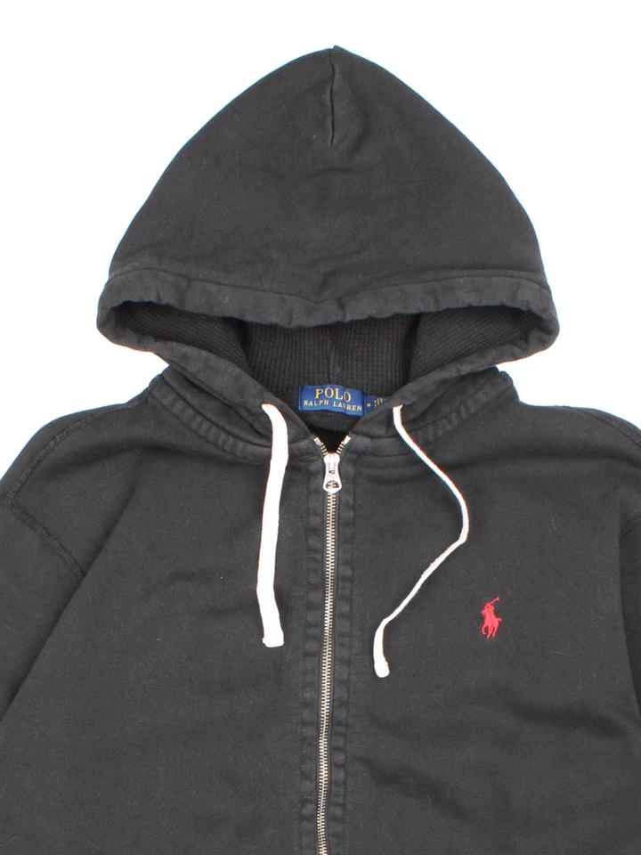 Ralph Lauren Hoodie in a black colourway with small classic logo on the front, full zip, side pockets and drawstring hood.