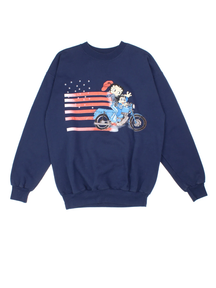 Vintage 90's Betty Boop And Bimbo The Dog Flag Sweatshirt in a blue colourway with graphic printed on the front.