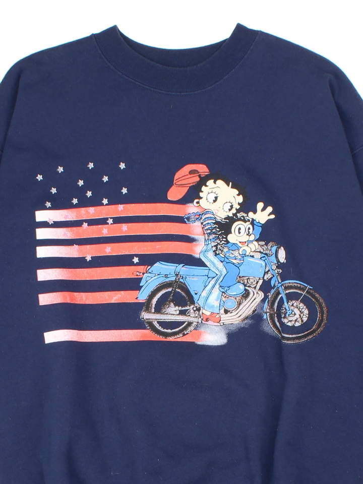 Vintage 90's Betty Boop And Bimbo The Dog Flag Sweatshirt in a blue colourway with graphic printed on the front.