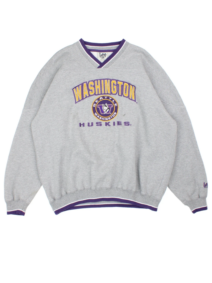 Vintage Washington Huskies Sweatshirt in a grey/purple colourway. V neck, with contrast trims and branding embroidered on the front.
