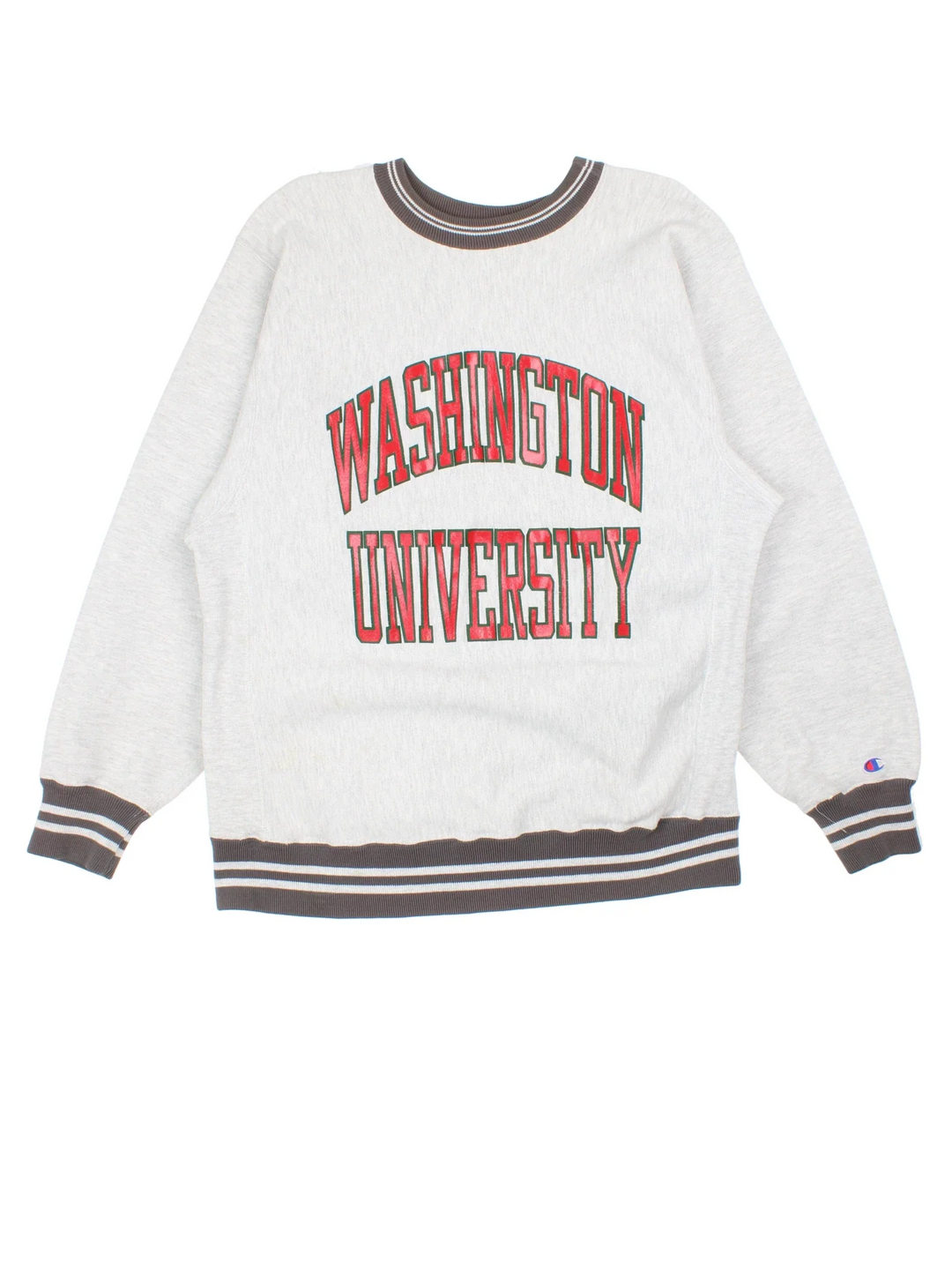Vintage Champion Reverse Weave Washington University Sweatshirt in a grey/red colourway. Crew neck, with contrast trims and branding printed on the front.