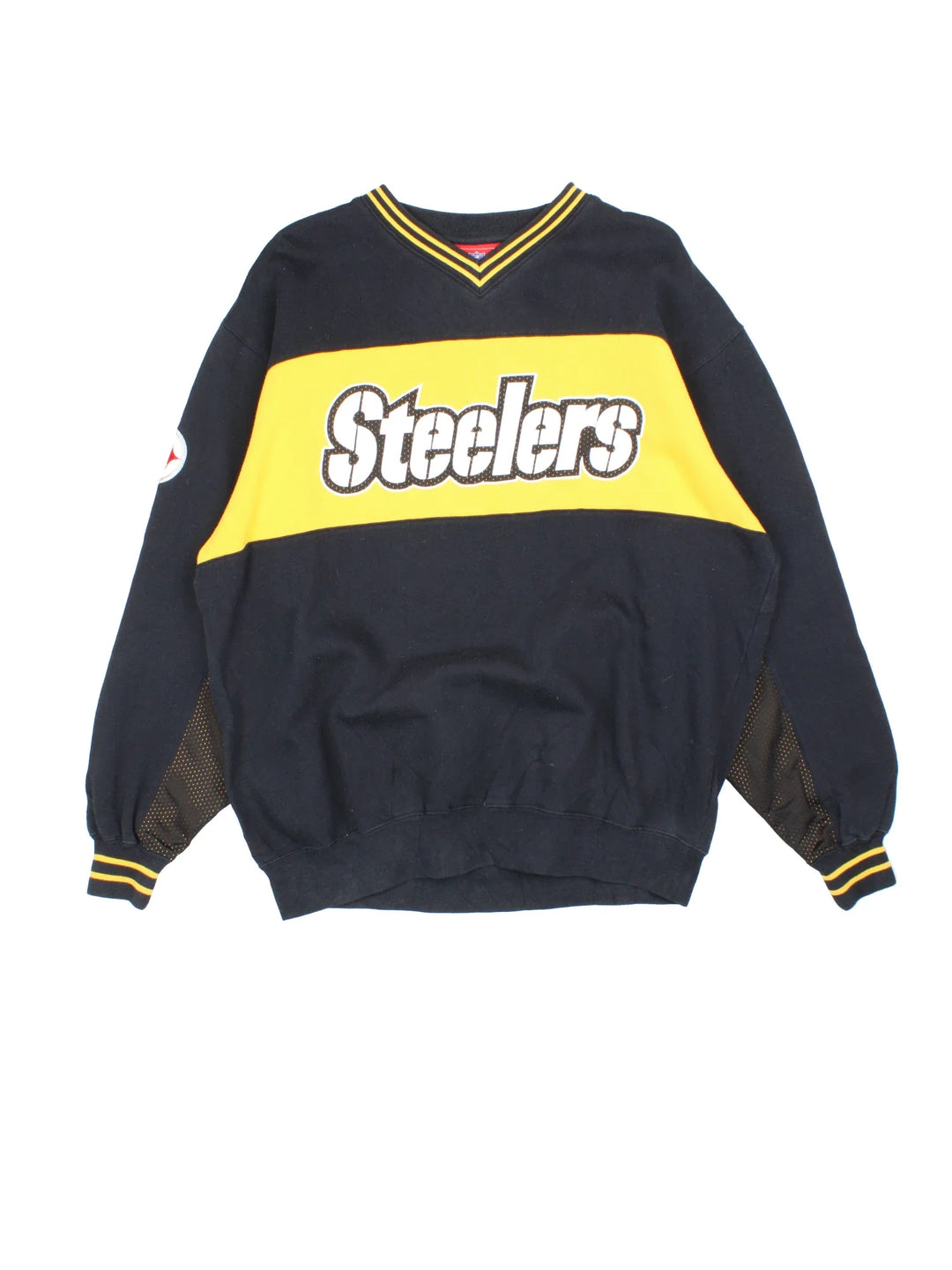 NFL Pittsburgh Steelers Sweatshirt in a black colourway with classic yellow panelling across the front and yellow detailing around the collar and sleeves. Large text logo across the front.