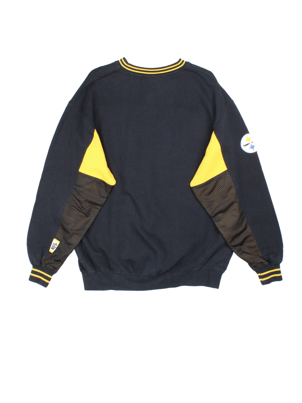 NFL Pittsburgh Steelers Sweatshirt in a black colourway with classic yellow panelling across the front and yellow detailing around the collar and sleeves. Large text logo across the front.