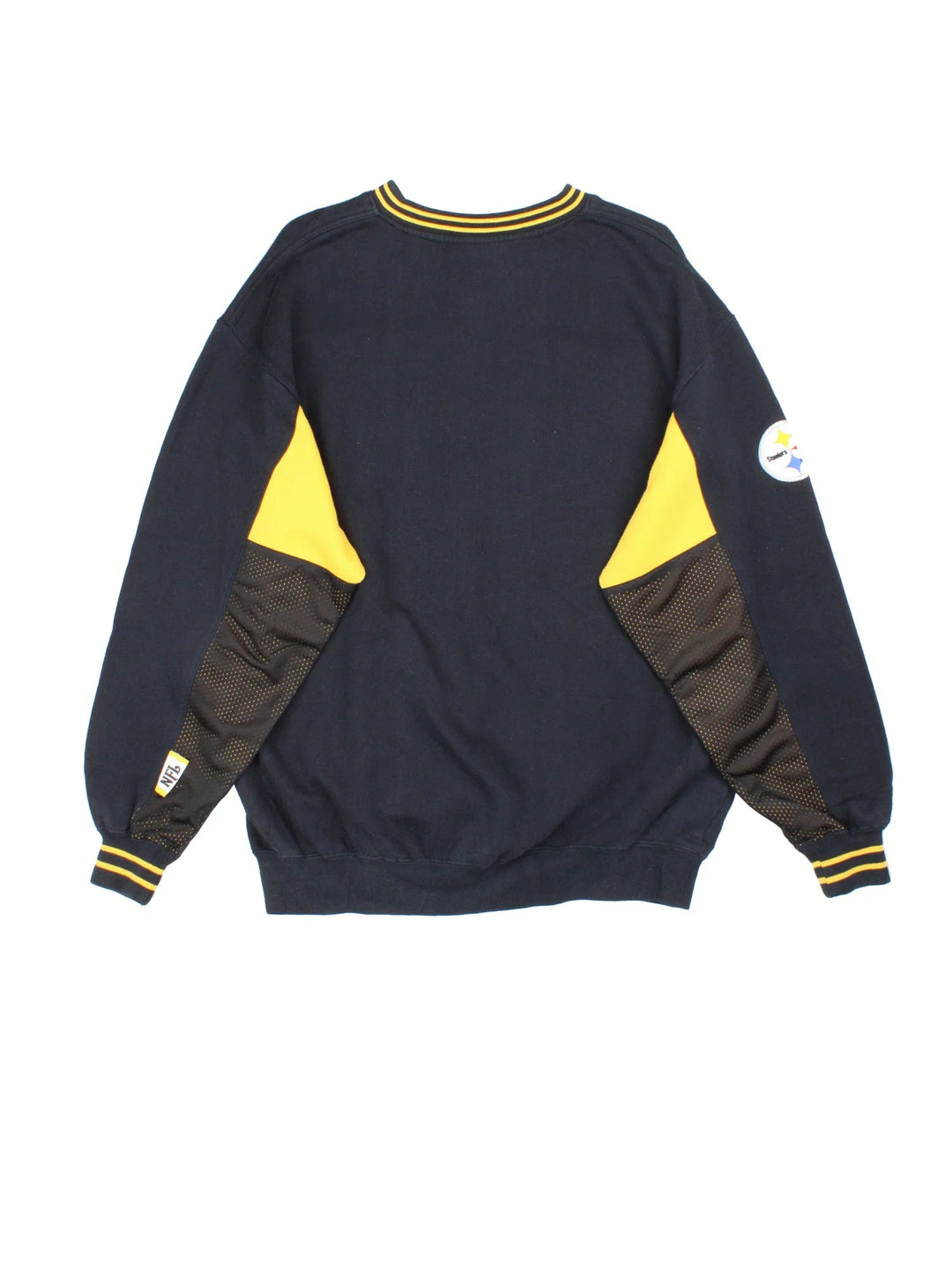 NFL Pittsburgh Steelers Sweatshirt in a black colourway with classic yellow panelling across the front and yellow detailing around the collar and sleeves. Large text logo across the front.