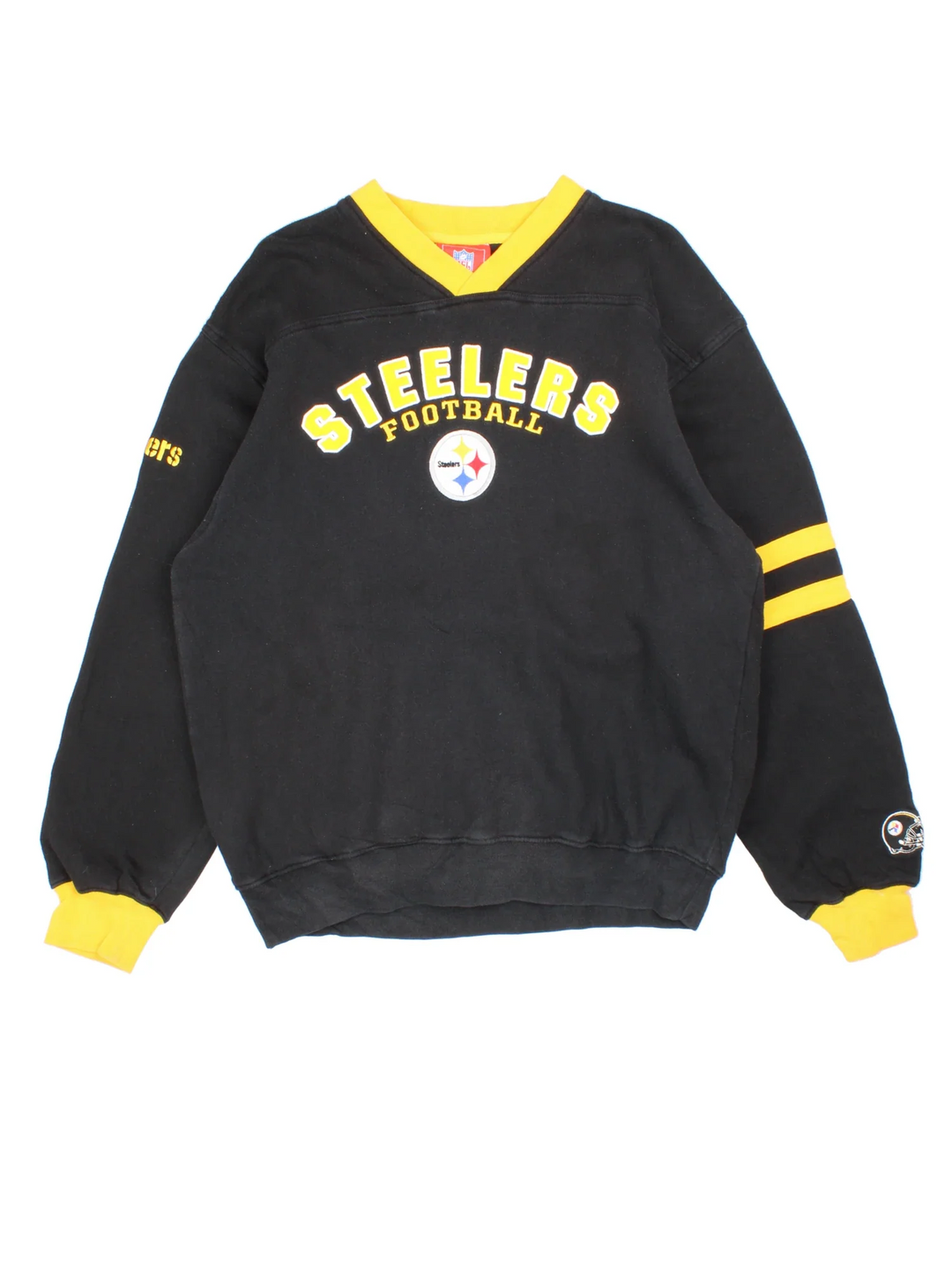 NFL Pittsburgh Steelers Sweatshirt in a black colourway with yellow detailing around the sleeves and collar. Classic logo across the front.