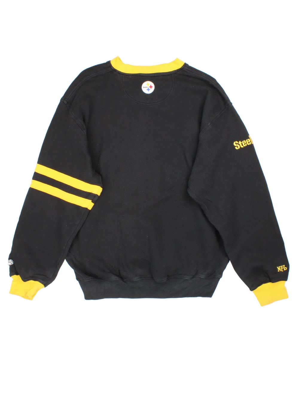 NFL Pittsburgh Steelers Sweatshirt in a black colourway with yellow detailing around the sleeves and collar. Classic logo across the front.