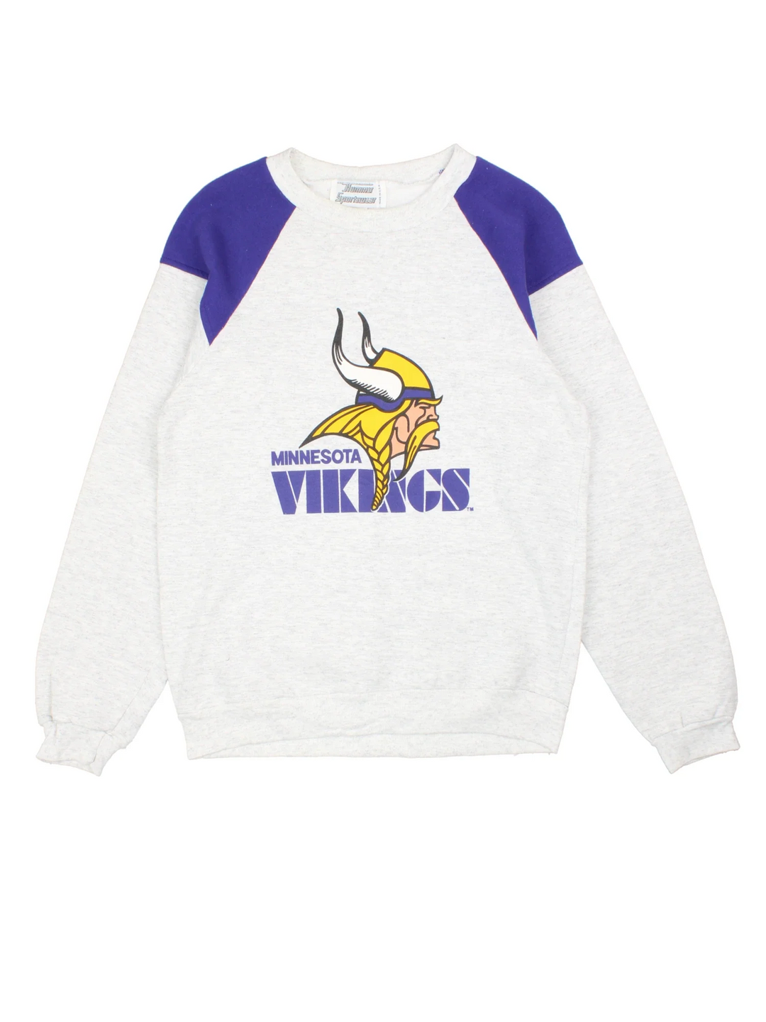 Vintage Minnesota Vikings NFL Sweatshirt in a grey colourway with purple detailing. Logo and graphic across the front.