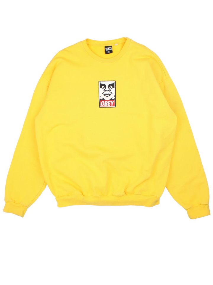 Vintage Obey Sweatshirt in a yellow colourway with the logo and small graphic on front.