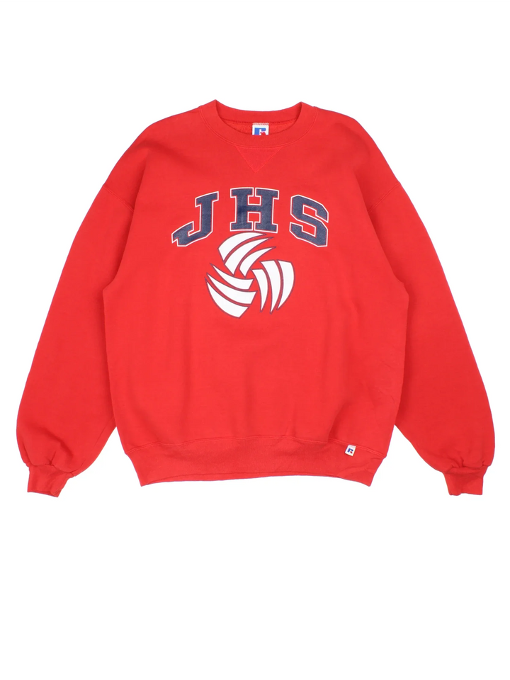 Vintage Russell Athletic JHS Volleyball Sweatshirt in a red colourway, with the logo printed on front.
