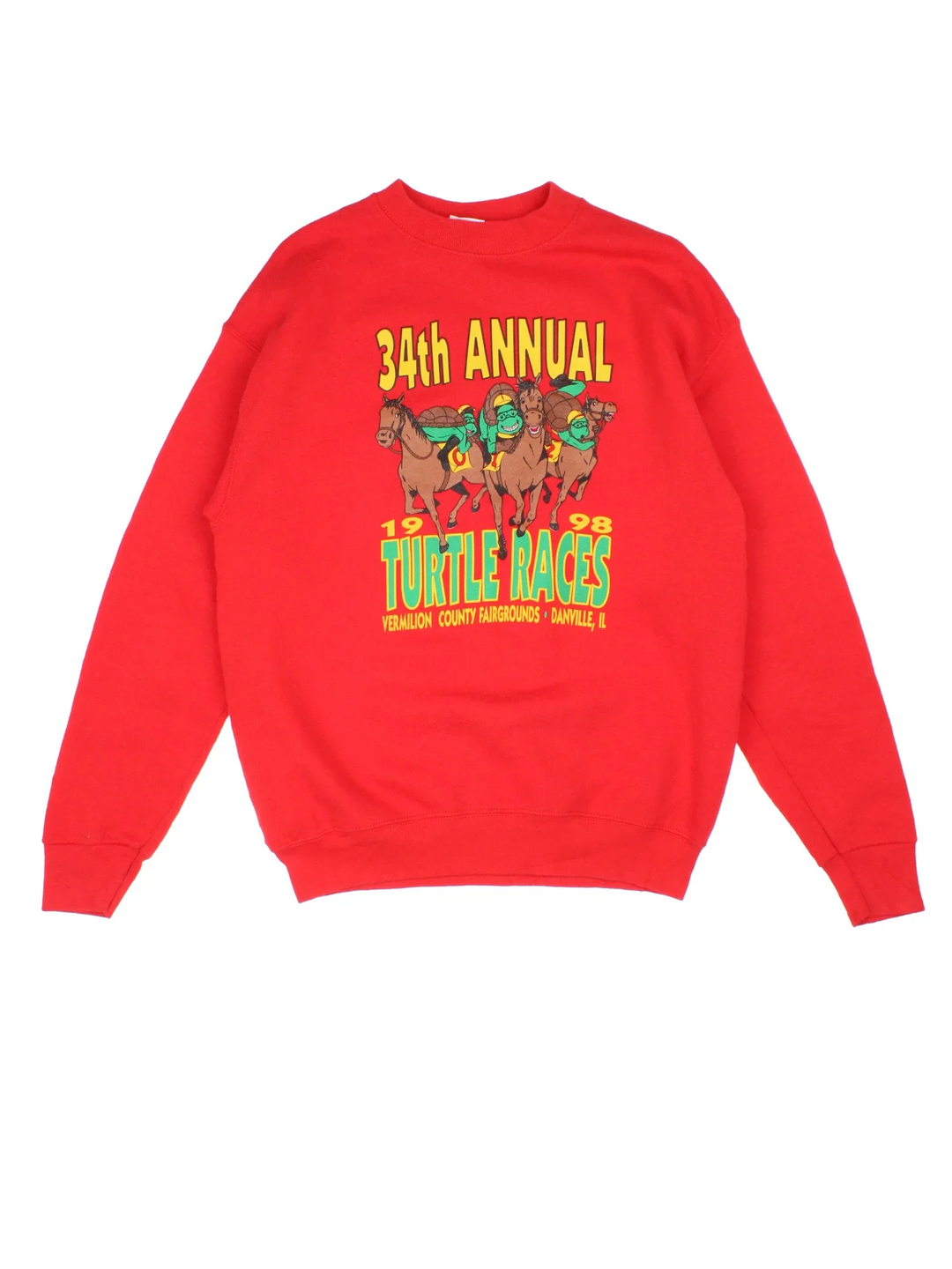 Vintage 1998 Turtle Races Sweatshirt in a red colourway, with the graphic and spell out printed on front.