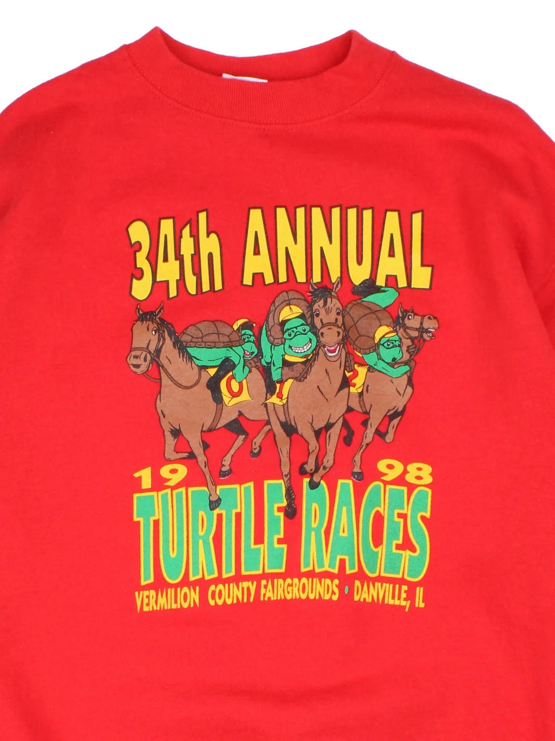 Vintage 1998 Turtle Races Sweatshirt in a red colourway, with the graphic and spell out printed on front.