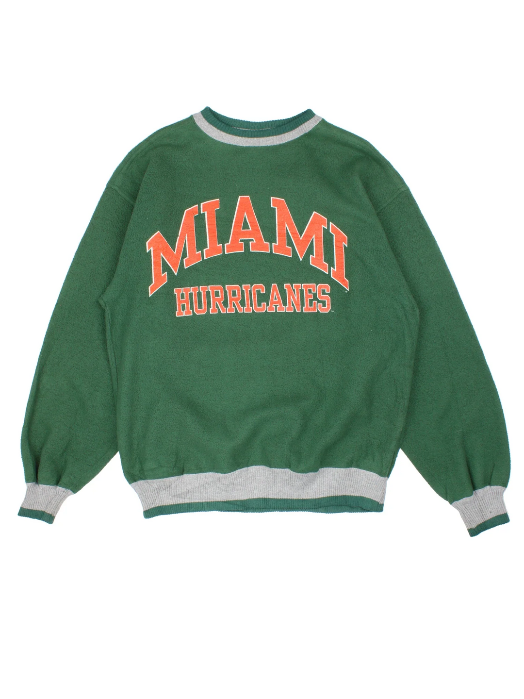 Vintage University Of Miami Hurricanes Sweatshirt in a green colourway, contract cuffs and hems with logo printed on the front.