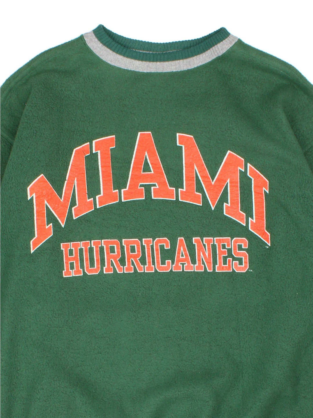 Vintage University Of Miami Hurricanes Sweatshirt in a green colourway, contract cuffs and hems with logo printed on the front.