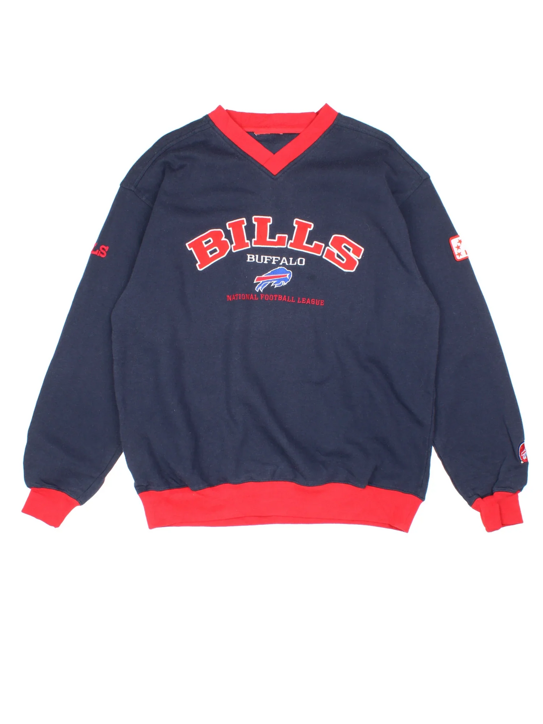 Vintage Buffolo Bills NFL Sweatshirt in a blue/red colourway, contract cuffs and hems with logo embroidered on the front/sleeves.