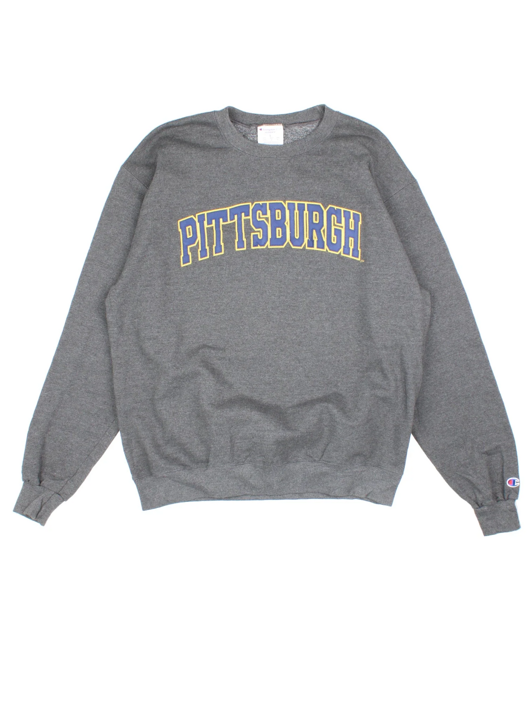 Champion Pittsburgh Sweatshirt in a grey colourway, with spell out embroidered across the front and Champion logo by the arm cuff.