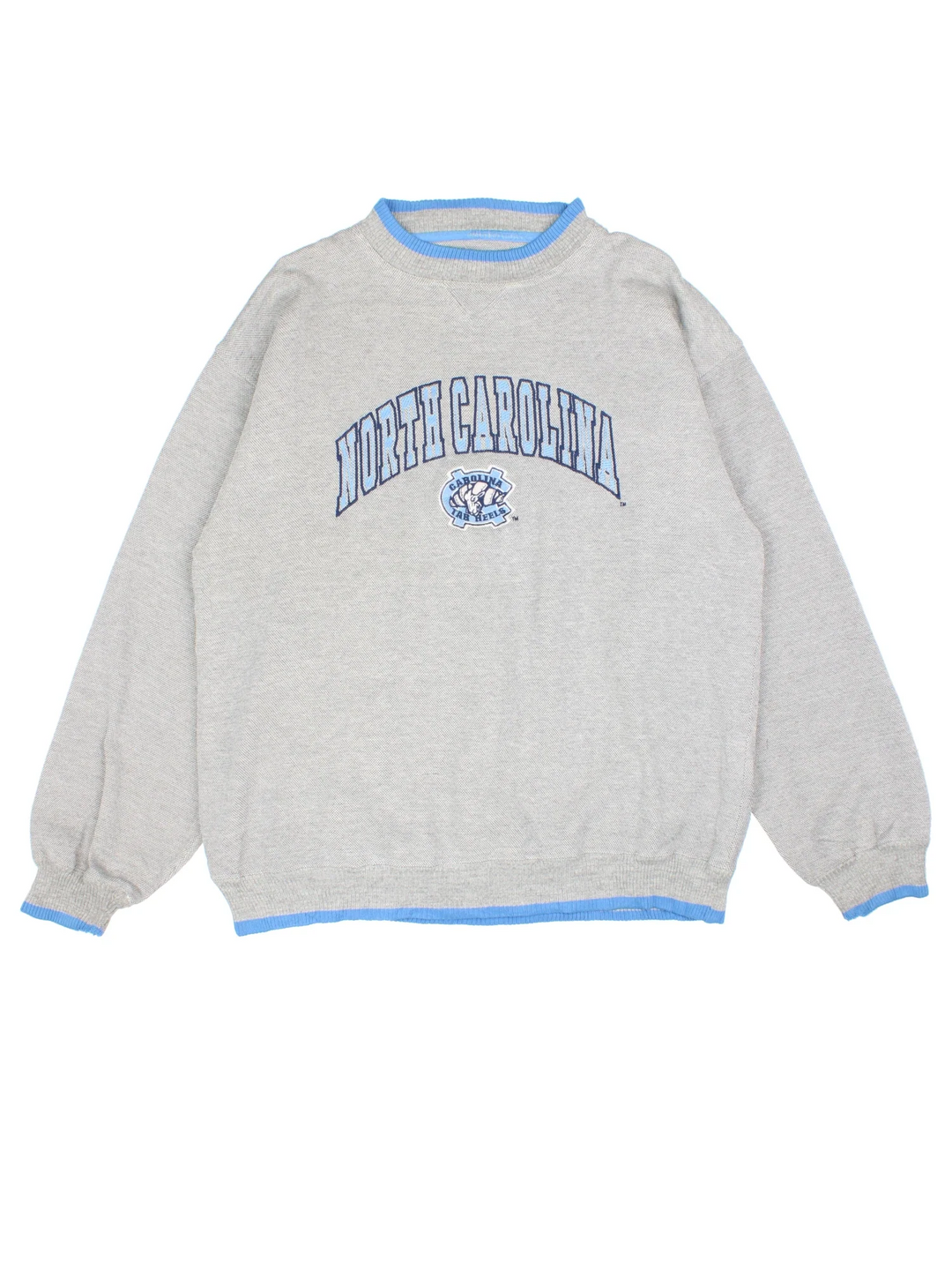 Vintage North Carolina Tar Heels Basketball Sweatshirt in a grey colourway, with contrast hems/cuffs and branding embroidered on front.