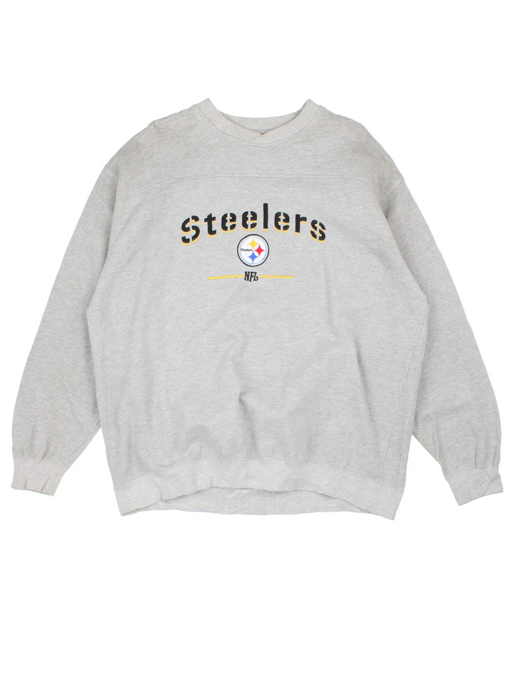 Vintage Pittsburgh Steelers NFL Sweatshirt in a grey colourway, team branding embroidered on front.