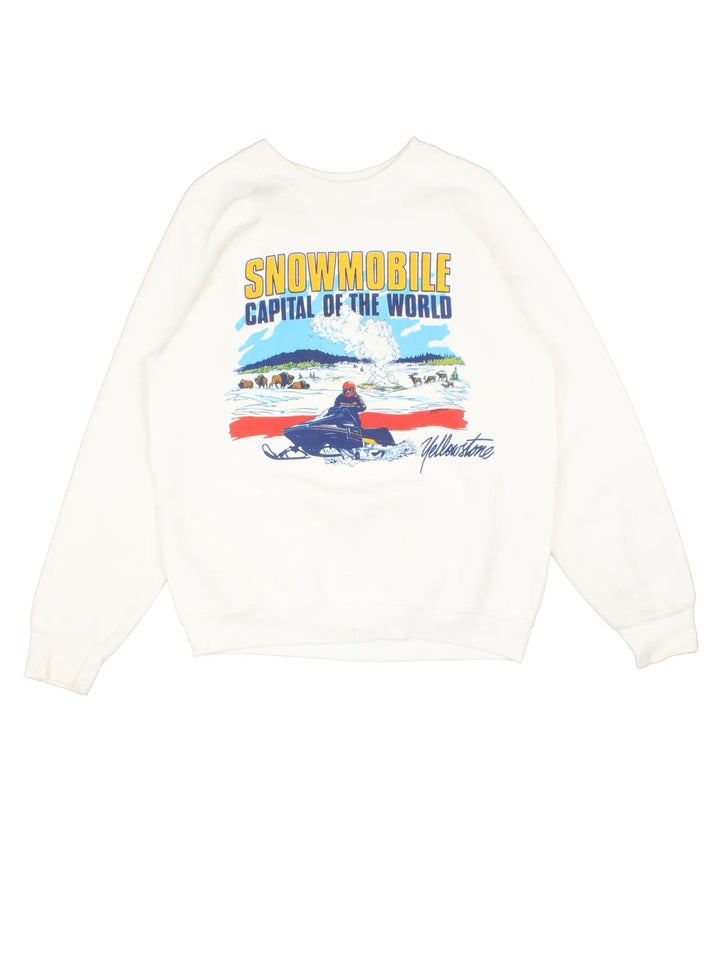 Vintage Yellowstone Snowmobile Sweatshirt in a white colourway with mountain and snowmobile graphic printed on front.