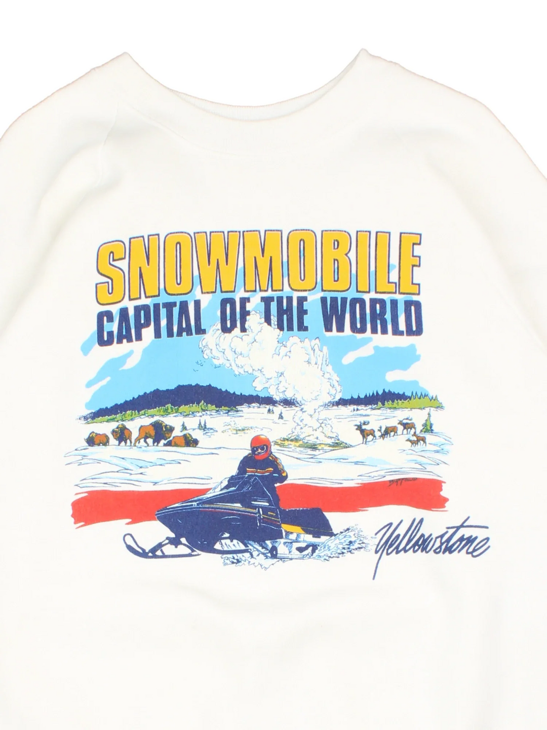 Vintage Yellowstone Snowmobile Sweatshirt in a white colourway with mountain and snowmobile graphic printed on front.