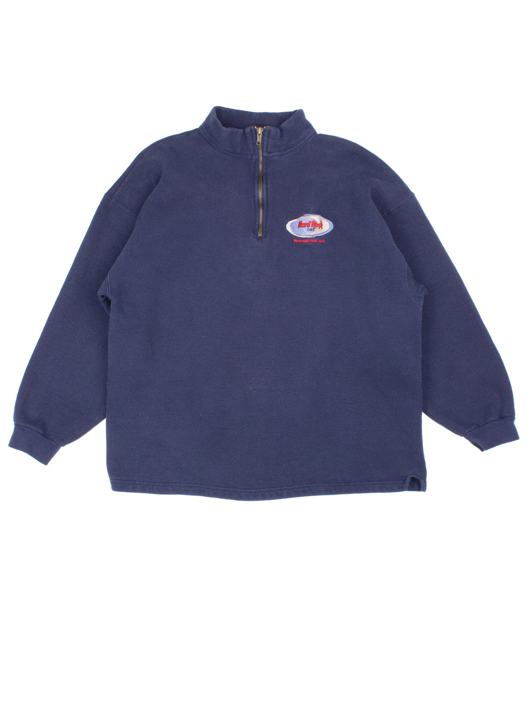 90's Hard Rock Cafe Washington DC 1/4 Zip Sweatshirt in a blue colourway with small classic logo on the front.