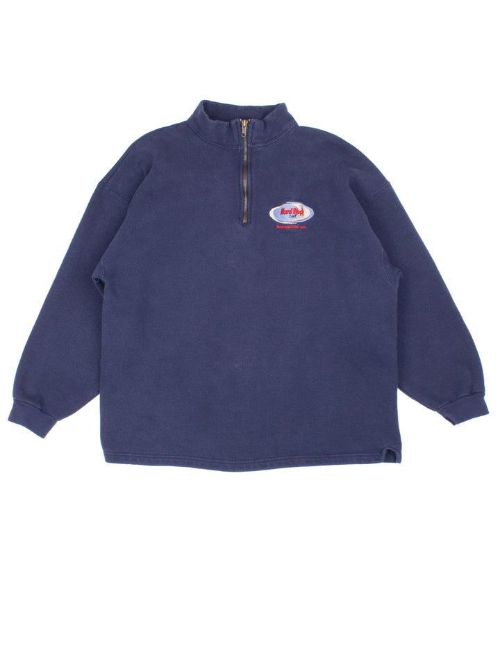 90's Hard Rock Cafe Washington DC 1/4 Zip Sweatshirt in a blue colourway with small classic logo on the front.